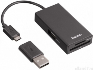 Устр-во считывания/записи карт памяти Hama OTG Hub/Card/microUSB 1порт. черный, разветвитель USB 2.0 (00054141)